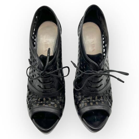 Prada Womens Heels Perforated Lace-Up Platform Black Leather Peep Toe - Picture 8 of 15